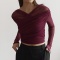 exquisite slight stretch see through mesh stitching v-neck ruched slim top_Black_Rose Red