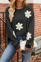 casual slight stretch knitted 4 colors 3d flower loose all-match sweater_Black