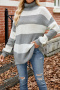 casual slight stretch color-block knitted turtleneck loose all-match sweater_Black_Gray
