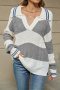 casual slight stretch color-block knitted turndown collar long sleeve sweater_Gray