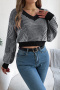 casual stretch v-neck long sleeve ribbed cropped knit sweater_Black