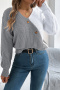 casual stretch contrasting v-neck button long sleeve loose knit wear_Black_Gray