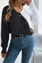 casual stretch contrasting v-neck button long sleeve loose knit wear_Black