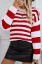 stylish casual slight stretch chenille knit contrast stripe long sleeve sweaters_Red