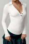 casual stretch solid color v-neck button ribbed long sleeve slim top_Black_White