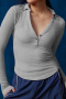 casual stretch solid color v-neck button ribbed long sleeve slim top_Black_White_Gray