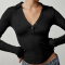 casual stretch solid color v-neck button ribbed long sleeve slim top_Black