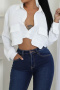 casual plus size non-stretch lapel single-breasted pocket cropped design blouse_Black_White