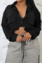 casual plus size non-stretch lapel single-breasted pocket cropped design blouse_Black