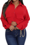 casual plus size non-stretch lapel single-breasted pocket cropped design blouse_Black_White_Red