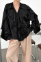 exquisite non-stretch satin v-neck single-breasted ruffle blouse_Black