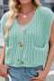 casual high stretch solid color single-breasted pocket knit tank top#1_Black_Watermelon Red_Aqua Green