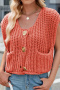 casual high stretch solid color single-breasted pocket knit tank top#1_Black_Watermelon Red