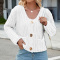 casual high stretch solid color single-breasted pocket knit long sleeve top_Black_White