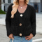 casual high stretch solid color single-breasted pocket knit long sleeve top_Black