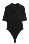 casual slight stretch 3 colors solid color lapel bodysuit_Black