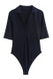 casual slight stretch 3 colors solid color lapel bodysuit_Black_Dark Blue