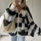 casual slight stretch stripe knitted v-neck all-match loose sweater with scarf_Black