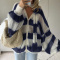 casual slight stretch stripe knitted v-neck all-match loose sweater with scarf_Black_Gray_Dark Blue