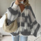 casual slight stretch stripe knitted v-neck all-match loose sweater with scarf_Black_Gray