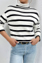 casual plus size slight stretch stripe knitted high-neck all-match sweater_Black_White