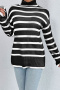 casual plus size slight stretch stripe knitted high-neck all-match sweater_Black