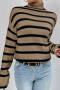 casual plus size slight stretch stripe knitted high-neck all-match sweater_Black_White_Brown