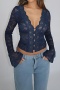 new sexy slight stretch patchwork lace solid color see-through long sleeve tops_Rose Red_Dark Blue