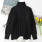 casual slight stretch ribbed knit high collar solid color sweaters_Black