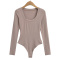 casual slight stretch 5 colors solid color crew neck bodysuit(size run small)_Black_White_Gray_Dark Gray_Khaki