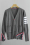 casual plus size slight stretch knitted striped slit thin cardigan sweater_Black_White_Gray_Dark Gray