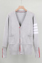 casual plus size slight stretch knitted striped slit thin cardigan sweater_Black_White_Gray