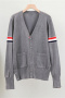 casual slight stretch striped contrast color all-match thin knitted cardigan_Black_White_Gray