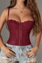 sexy plus size non-stretch underwire rubber bone tight lace-up backless vest_Rose Red