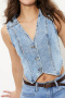 new stylish no-stretch patchwork denim v-neck tank tops_Dark Gray_Sky Blue