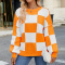 casual slight stretch 5-colors plaid contrast color loose knitted sweater_Black_Pink_Orange