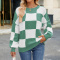 casual slight stretch 5-colors plaid contrast color loose knitted sweater_Black_Pink_Orange_Green