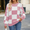 casual slight stretch 5-colors plaid contrast color loose knitted sweater_Black_Pink