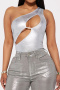 sexy slight stretch solid color one-shoulder hollow holographic bodysuit_Magenta_Silver