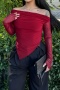 stylish slight stretch mesh splicing one-shoulder slim  pleated top_Black_Rose Red