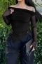 stylish slight stretch mesh splicing one-shoulder slim  pleated top_Black