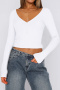 casual slight stretch 6-colors solid color slim crop v-neck t-shirt_Black_White