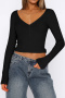 casual slight stretch 6-colors solid color slim crop v-neck t-shirt_Black