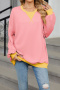 casual plus size non-stretch 8 colors crew neck contrast color sweatshirts_Black_Pink