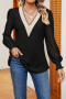 casual plus size non-stretch v-neck lace trim blouses_Black