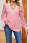 casual plus size non-stretch v-neck lace trim blouses_Black_White_Pink