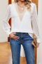 casual plus size non-stretch v-neck lace trim blouses_Black_White