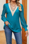 casual plus size non-stretch v-neck lace trim blouses_Black_White_Pink_Blue