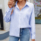 casual plus size non-stretch stripe print 3-colors loose long-sleeved shirt_Black_Pink_Blue