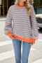 casual plus size slight stretch stripe pattern crew neck sweatshirts_Pink_Orange